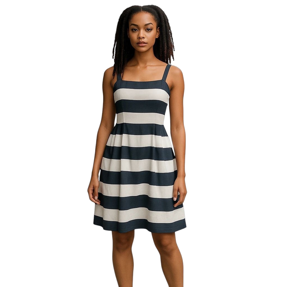Loft Linen Fit/Flare Dress Women 6 Black White Stripe Exposed Zip